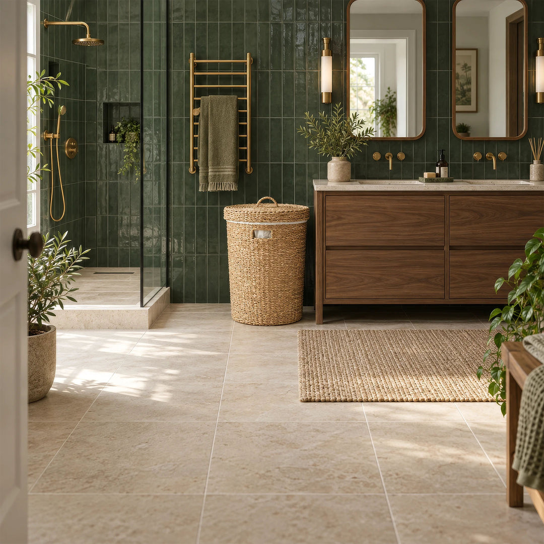 Cesto de roupa suja em algas marinhas, com tampa e 75 litros de capacidade, junto a um lavatório de madeira numa casa de banho com azulejos verdes.