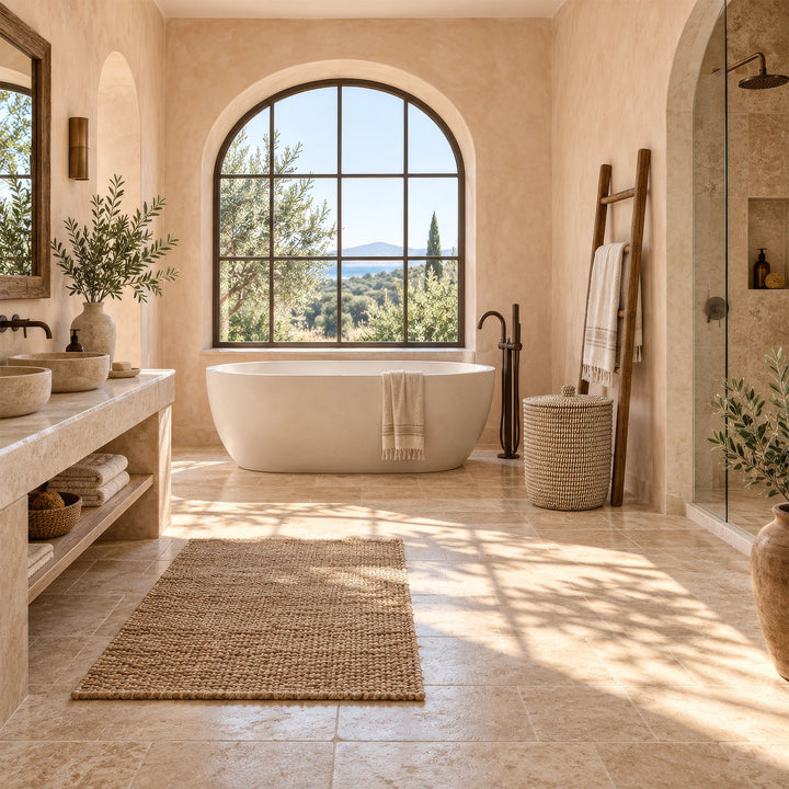 Cesto de roupa suja em palha marinha, com tampa e um volume de cerca de 65 litros, ao lado de uma escada para toalhas numa casa de banho de estilo mediterrânico.