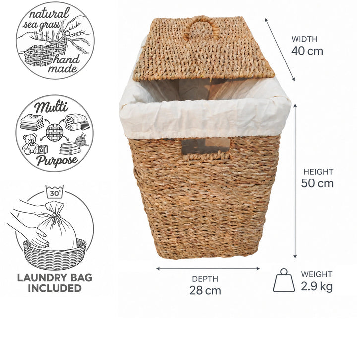 Cesto de roupa suja em erva-do-mar com 50 litros de capacidade: 40 cm de largura, 28 cm de profundidade, 50 cm de altura, 2,9 kg; com tampa e saco para roupa suja.
