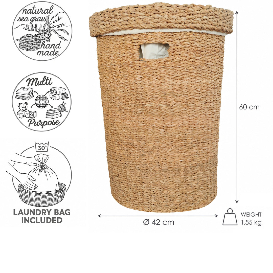 Cesto de roupa suja em erva-do-mar com tampa, 75 litros de capacidade, Ø 42 cm, 60 cm de altura e saco de roupa removível.
