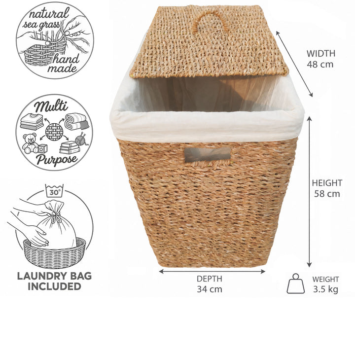Cesto de roupa suja em algas marinhas com 90 litros de capacidade: 48 cm de largura, 34 cm de profundidade, 58 cm de altura, 3,5 kg; com tampa e saco para roupa suja.
