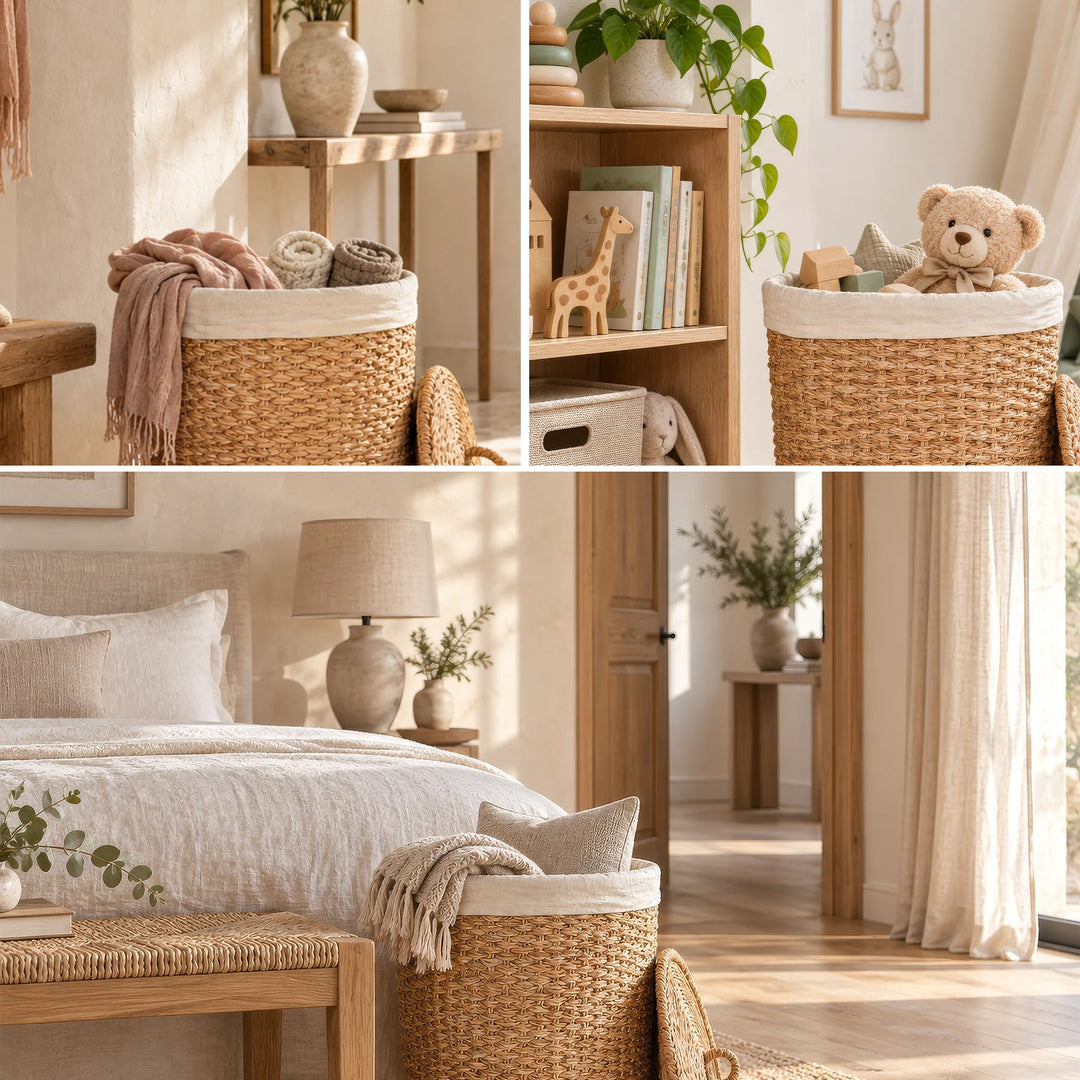 Colagem: Cesto de roupa suja em algas marinhas com tampa, para lenços, brinquedos e cobertores, no corredor, no quarto das crianças e no quarto.