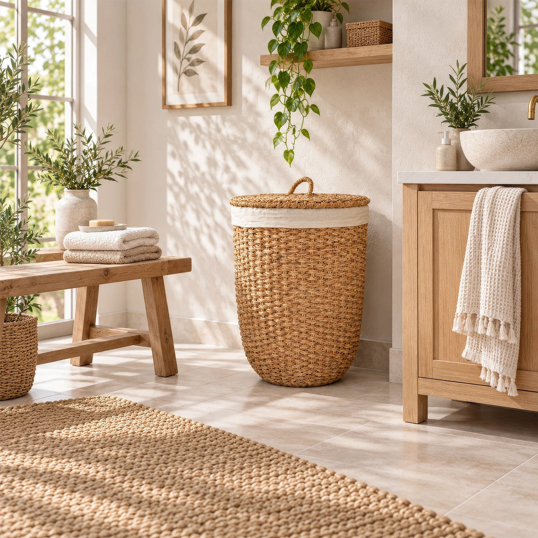 Cesto da roupa suja com tampa, feito de erva-do-mar de cor natural e com um revestimento em tecido claro, junto a um lavatório de madeira na casa de banho.