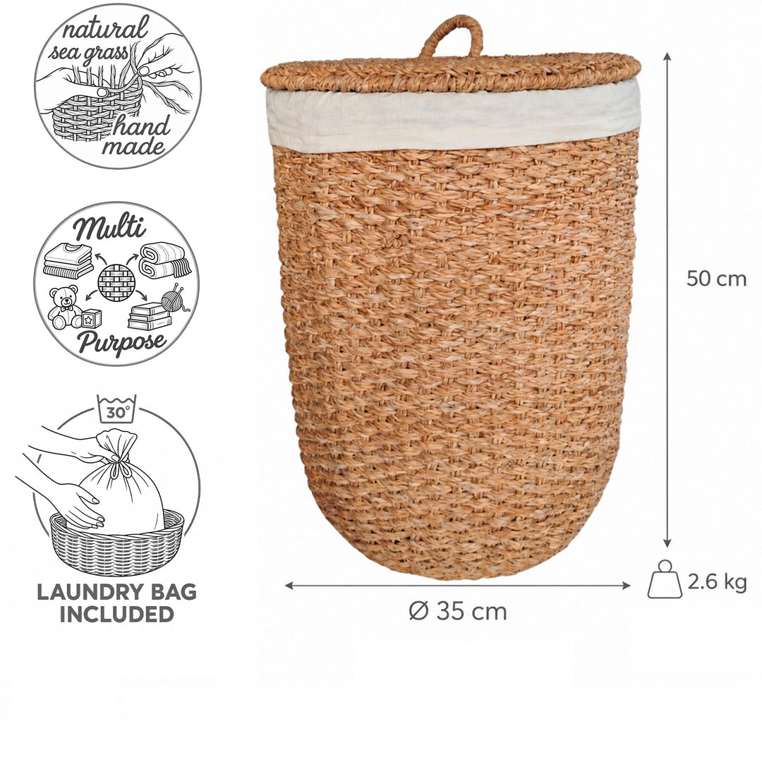 Dimensões do cesto da roupa suja com tampa em erva-do-mar: Ø 35 cm, altura 50 cm, 2,6 kg; o saco da roupa suja é lavável a 30 °C.