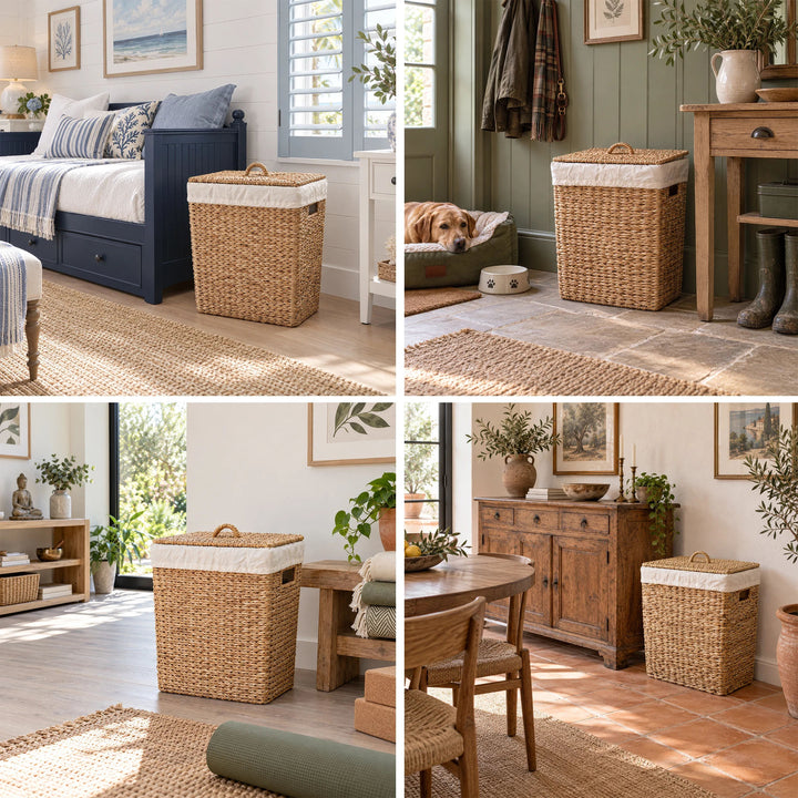 Colagem: Cesto da roupa suja feito de algas marinhas, com tampa e 50 litros de capacidade, no quarto, no corredor, na sala de ioga e na sala de jantar.