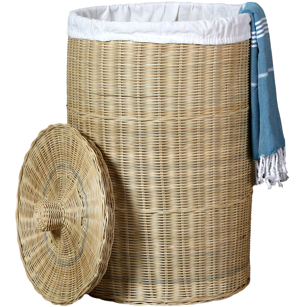 Cesto de roupa suja redondo com saco de algodão lavável, fácil de retirar, com instruções em várias línguas