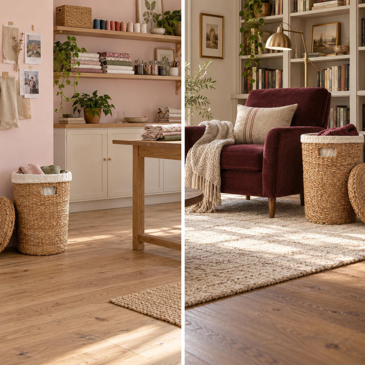 Colagem: Cesto de roupa trançado com 75 litros de capacidade para guardar tecidos na sala de costura e cobertores junto a uma poltrona de leitura.