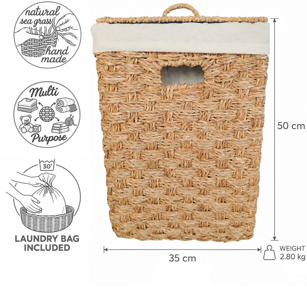 Dimensões do cesto de roupa suja quadrado em erva-marinha com tampa: 35 × 35 cm, altura 50 cm, cerca de 55 litros, peso 2,8 kg.