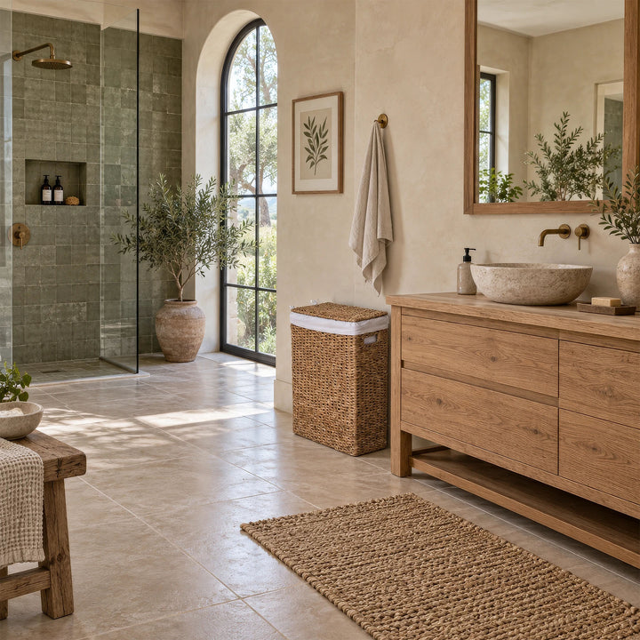 Cesto de roupa suja estreito, com tampa e 45 litros de capacidade, junto a um lavatório de madeira numa casa de banho de estilo mediterrânico.