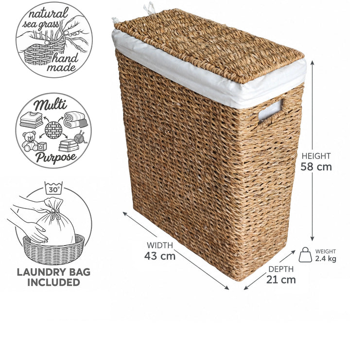 Cesto de roupa suja estreito, em erva-do-mar, com 45 litros de capacidade: 43×21×58 cm (L×P×A), 2,4 kg, com tampa e saco para roupa suja.