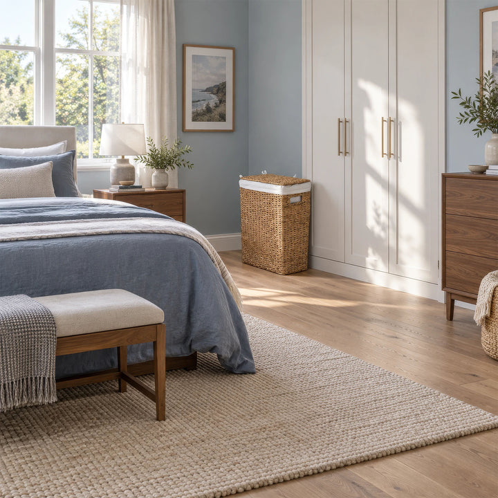Um cesto de roupa suja estreito, com tampa e 45 litros de capacidade, ao lado de um roupeiro branco num quarto bem iluminado.