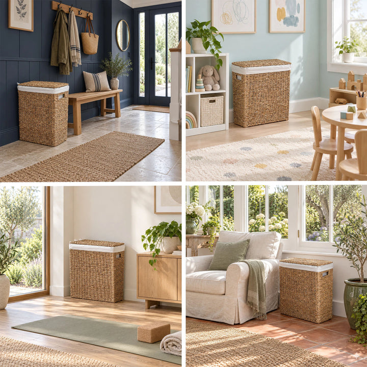 Colagem: Cesto de roupa suja estreito, com tampa e 45 litros de capacidade, no corredor, no quarto das crianças, na sala de ioga e na marquise.