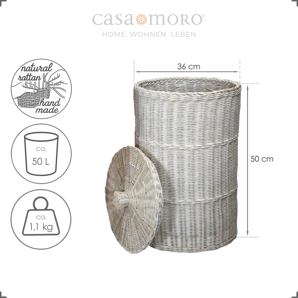 Cesto de roupa suja compacto com acabamento em branco desbotado, com cerca de 50 cm de altura, feito de rattan natural entrançado à mão