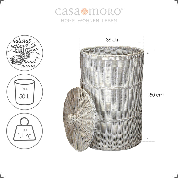 Cesto de roupa suja compacto com acabamento em branco desbotado, com cerca de 50 cm de altura, feito de rattan natural entrançado à mão