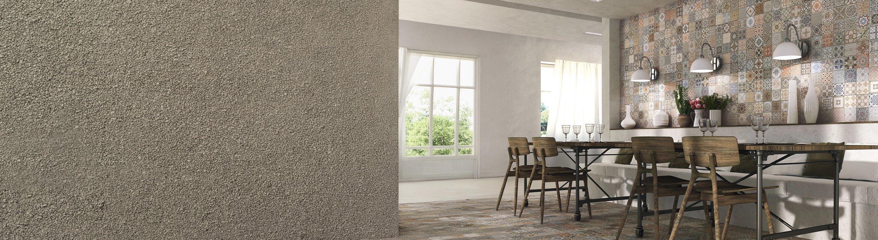 Azulejos de parede – Azulejos com padrão de patchwork na área de jantar - azulejos mediterrâneos para cozinha, banheiro e design de interiores elegante