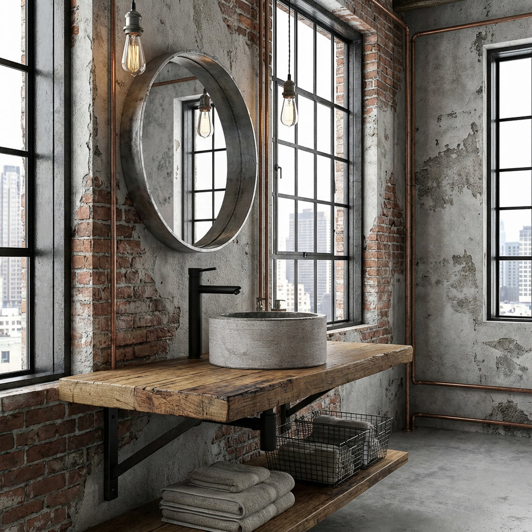 Lavatório redondo com acabamento em mármore sobre uma consola de madeira rústica, integrado numa casa de banho de estilo industrial urbano com um toque de loft.
