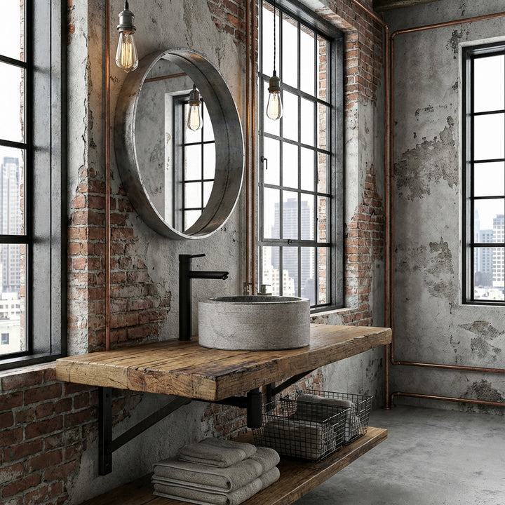 Lavatório redondo com acabamento em mármore sobre uma consola de madeira rústica, integrado numa casa de banho de estilo industrial urbano com um toque de loft.