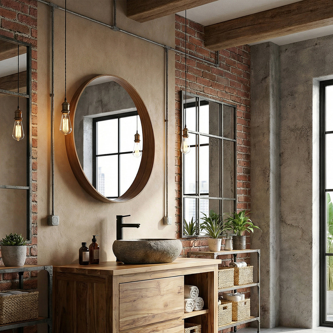 Lavatório em pedra numa casa de banho moderna de estilo loft, assente num móvel de madeira, combinado com torneiras pretas e um ambiente industrial