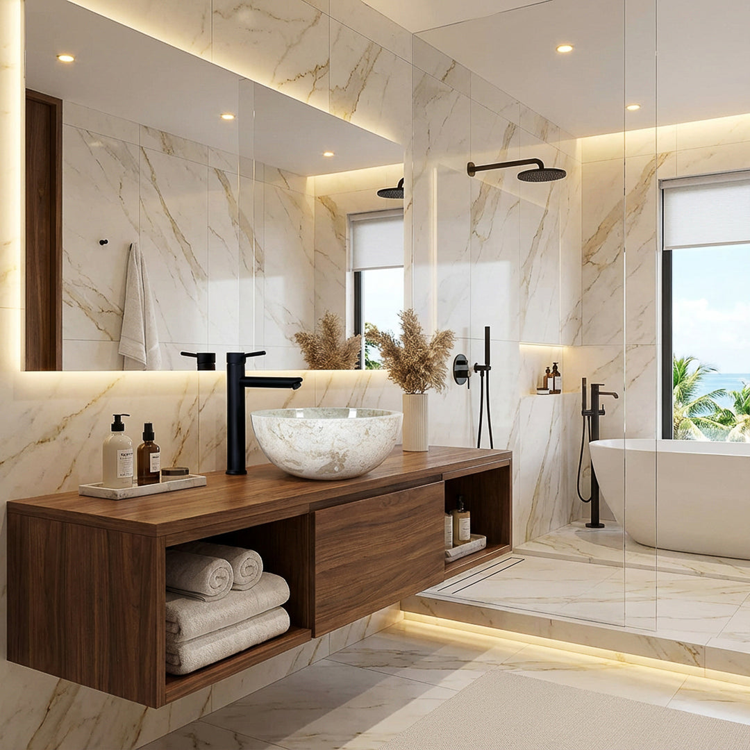Lavatório redondo de pedra clara sobre um móvel suspenso em madeira, com torneiras pretas, numa moderna casa de banho estilo spa
