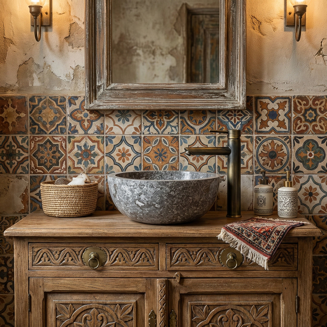 Lavatório redondo em pedra natural sobre um móvel de madeira, com azulejos estampados, num ambiente de casa de banho de estilo oriental-rústico