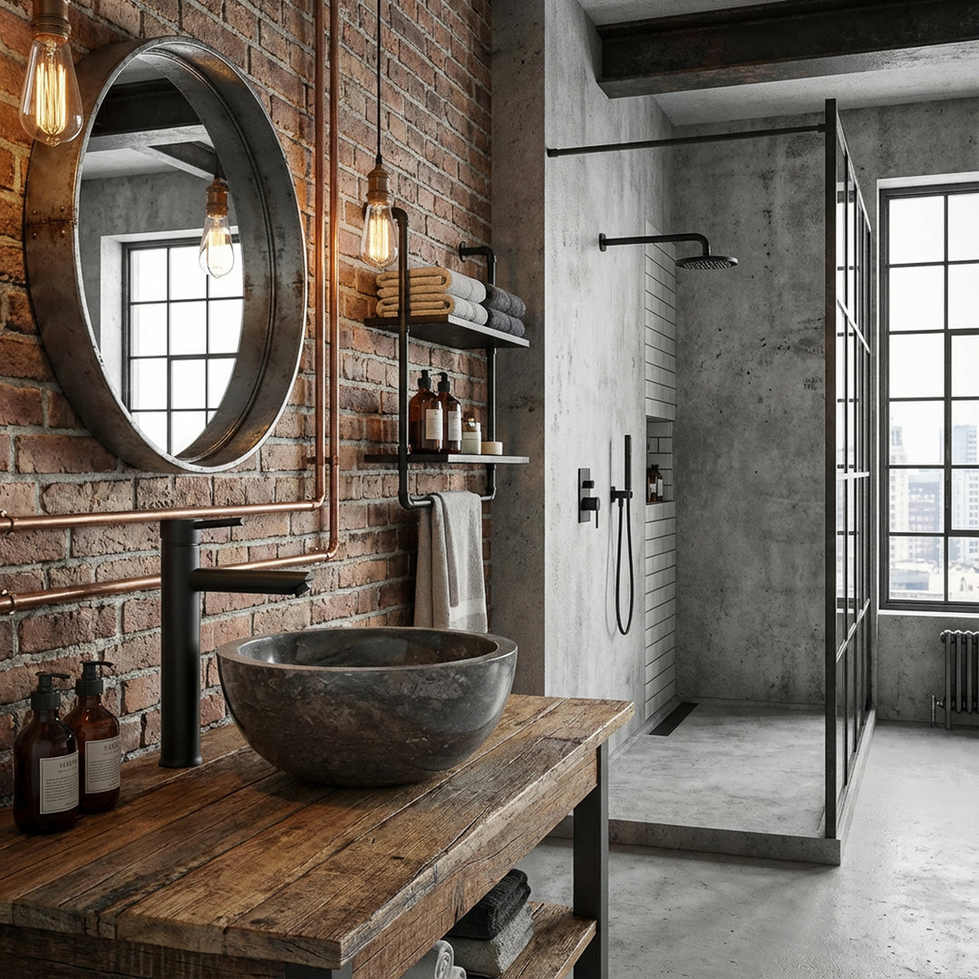 Lavatório redondo em material natural escuro sobre um móvel de madeira, com torneira preta, numa casa de banho de estilo loft industrial
