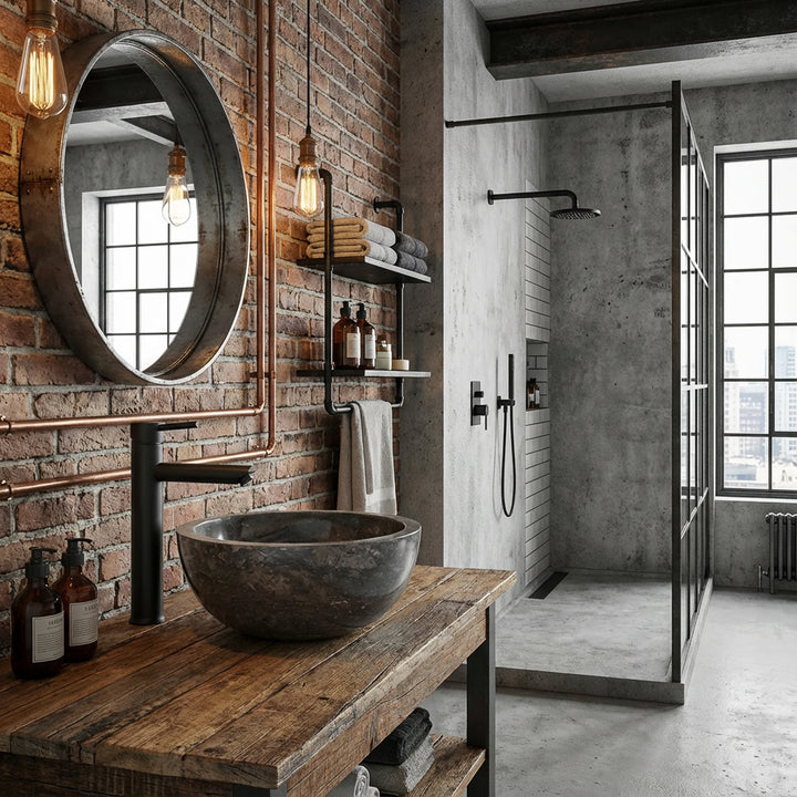 Lavatório redondo em material natural escuro sobre um móvel de madeira, com torneira preta, numa casa de banho de estilo loft industrial
