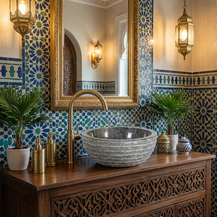 Lavatório redondo de pedra natural sobre um móvel de madeira, casa de banho marroquina com azulejos de mosaico e torneiras de latão