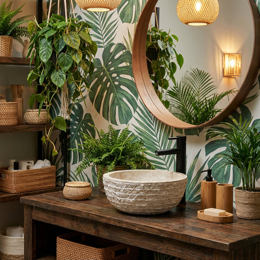 Lavatório redondo de pedra natural com superfície texturada, assente sobre uma mesa de madeira, numa casa de banho boho verdejante com plantas e luz acolhedora