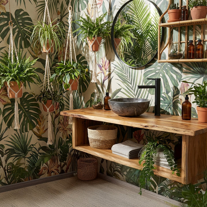 Lavatório redondo de pedra natural sobre um móvel de madeira numa casa de banho boho verdejante, com plantas, papel de parede e torneiras pretas