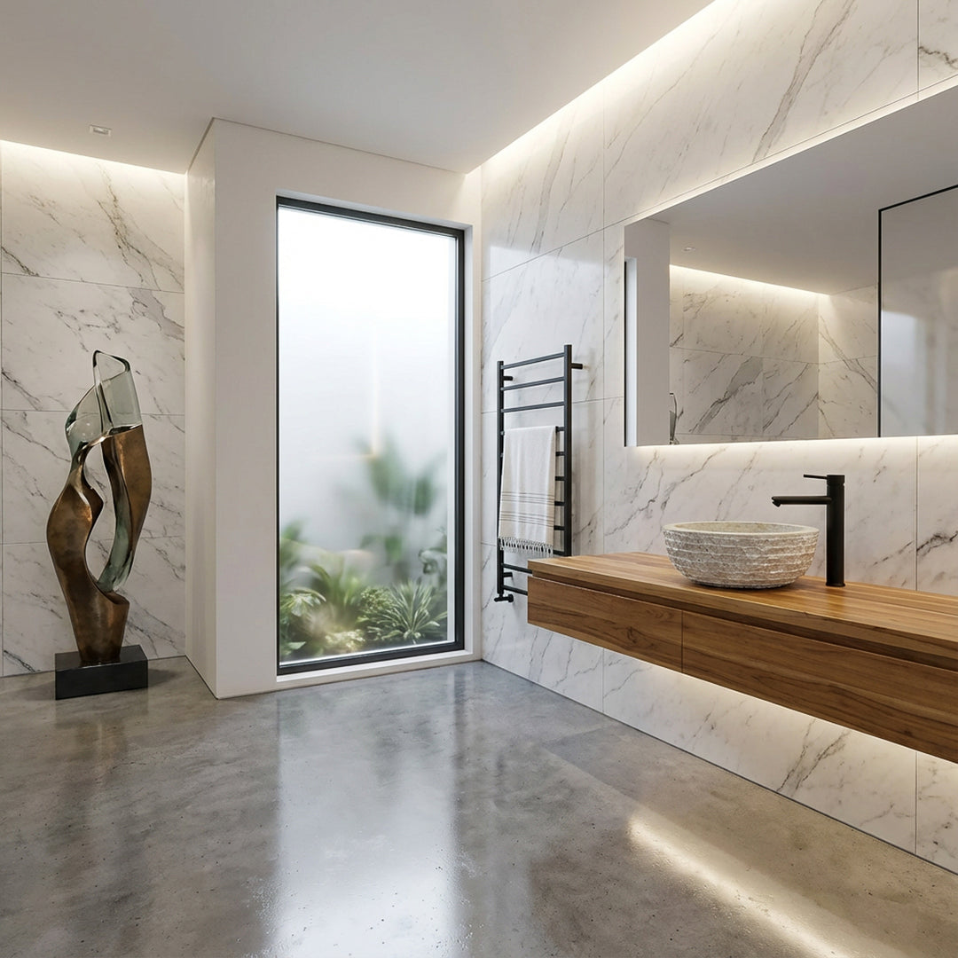 Lavatório moderno em pedra, montado sobre uma bancada suspensa em madeira, numa casa de banho luminosa com azulejos de pedra natural