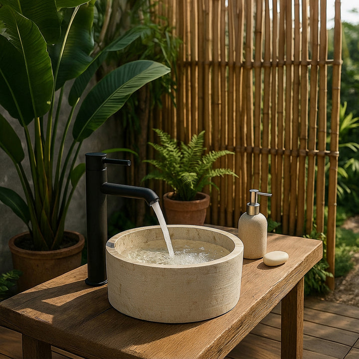 Lavatório redondo em mármore sobre uma bancada rústica de madeira, combinado com torneiras pretas num ambiente acolhedor de casa de banho natural.