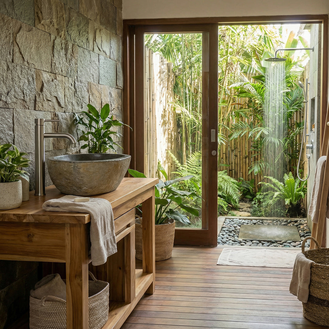 Lavatório em pedra na casa de banho spa aberta, sobre um lavatório em madeira, com parede em pedra natural, plantas e vista para o jardim
