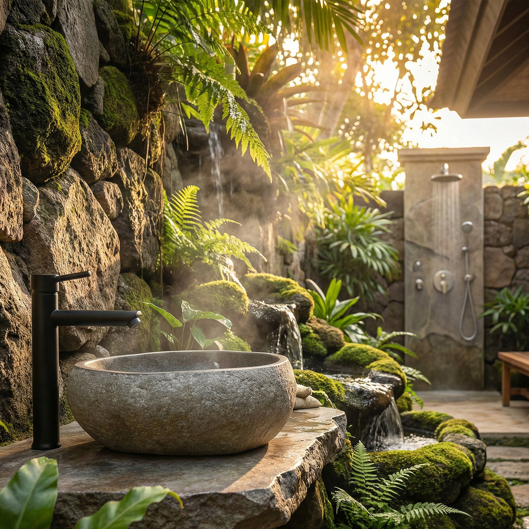 Lavatório de pedra no spa exterior, em pedra natural, assente num pedestal de pedra de rio, com torneira preta e plantas tropicais
