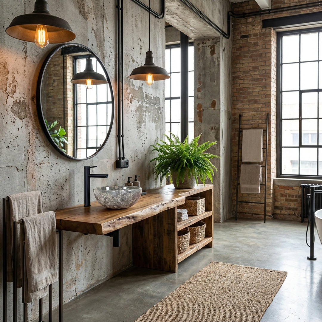 Lavatório redondo de mármore com veios cinzentos sobre um lavatório de madeira numa casa de banho de estilo loft industrial, combinado com torneiras pretas, paredes de tijolo, candeeiros suspensos e muita luz natural