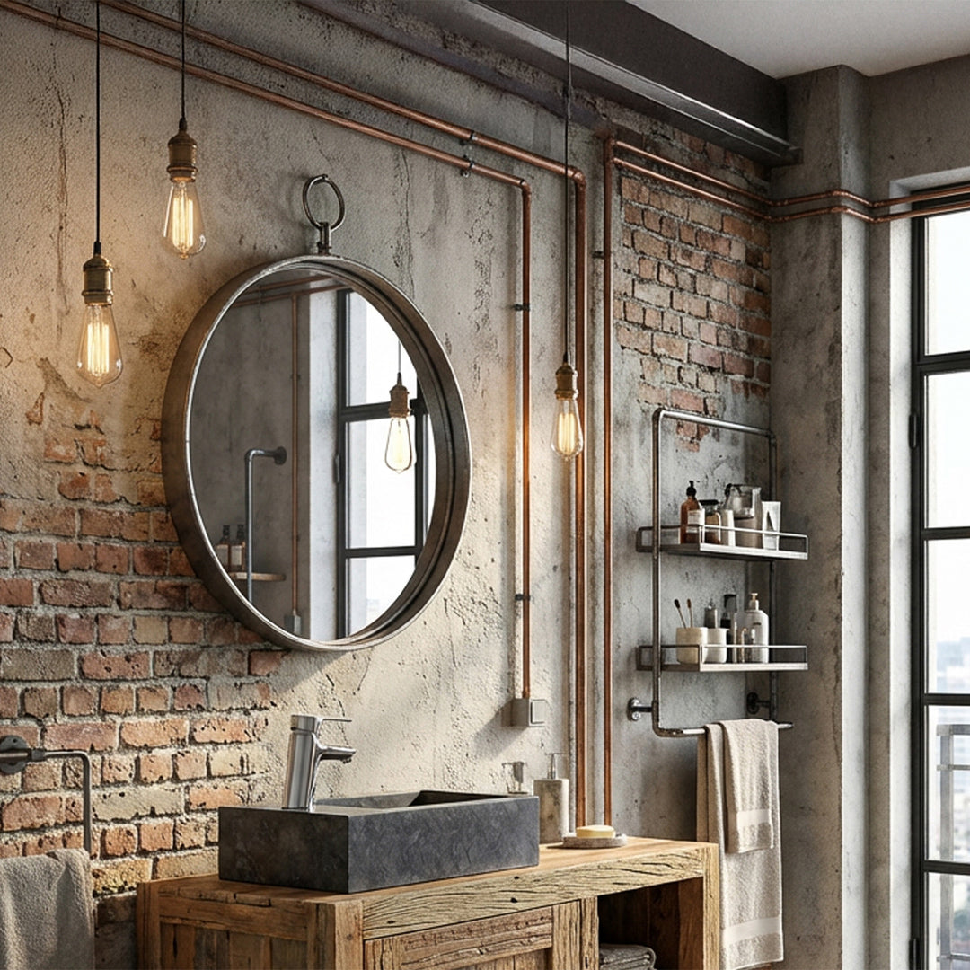 Lavatório retangular em pedra sobre um móvel de madeira numa casa de banho de estilo loft industrial, combinado com torneiras cromadas, parede de tijolo, tubos de cobre à vista e iluminação acolhedora