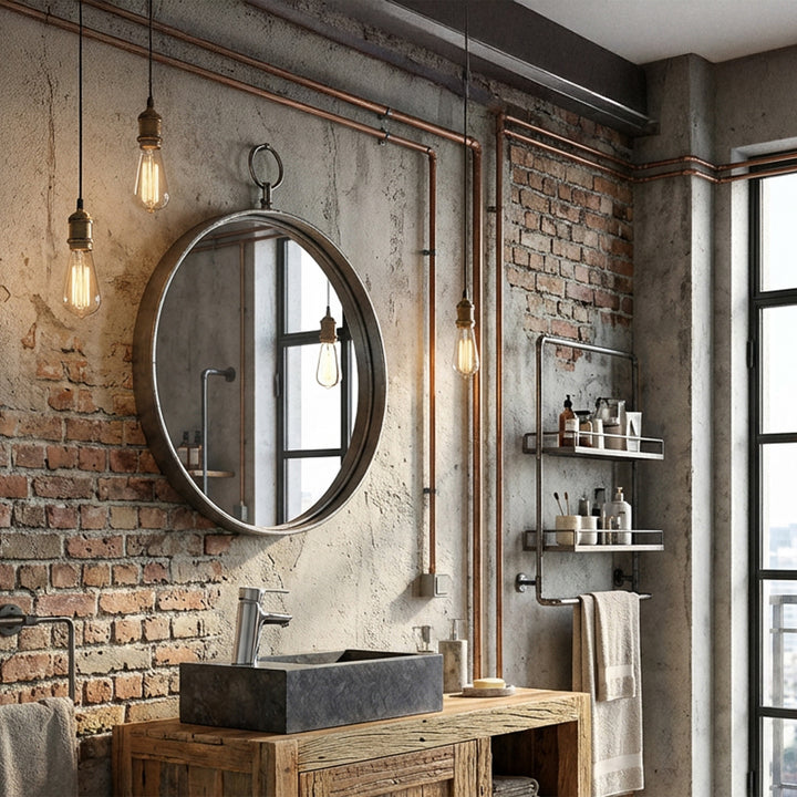 Lavatório retangular em pedra sobre um móvel de madeira numa casa de banho de estilo loft industrial, combinado com torneiras cromadas, parede de tijolo, tubos de cobre à vista e iluminação acolhedora
