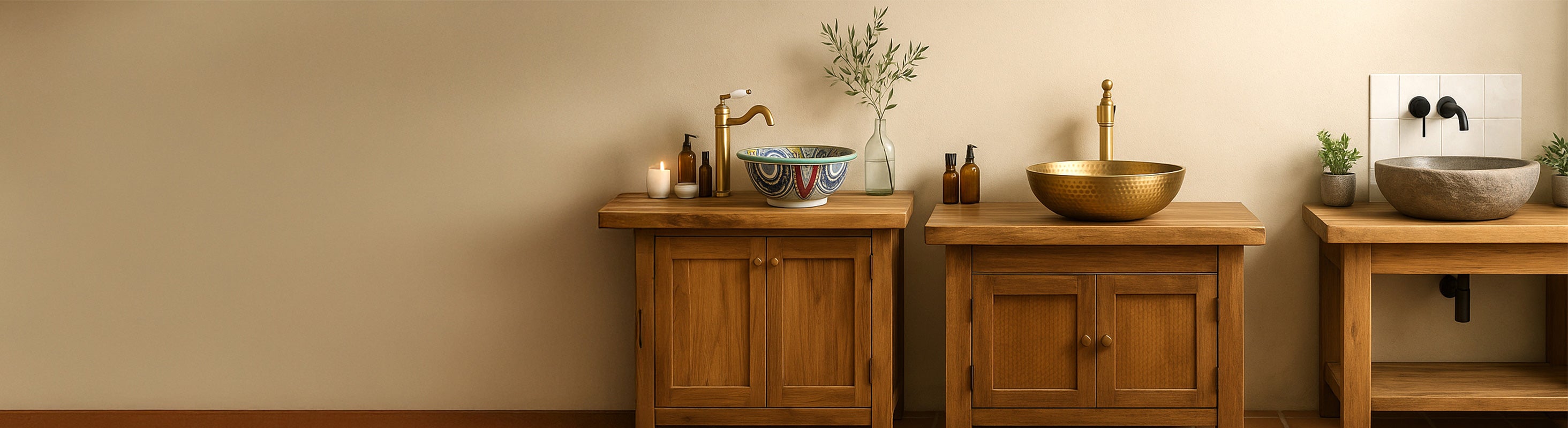 Lavatório – Drei hochwertige Waschbecken aus Naturstein, Metall und Keramik auf rustikalen Holz-Waschtischen vor heller Wand – modernes Showroom-Ambient