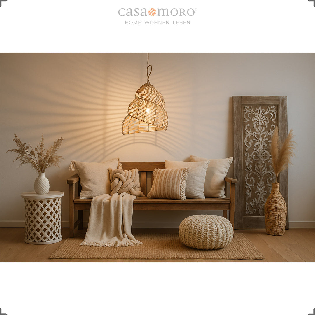 Candeeiro de rattan feito à mão, para pendurar na sala de estar, com luz quente e estilo boho decorativo
