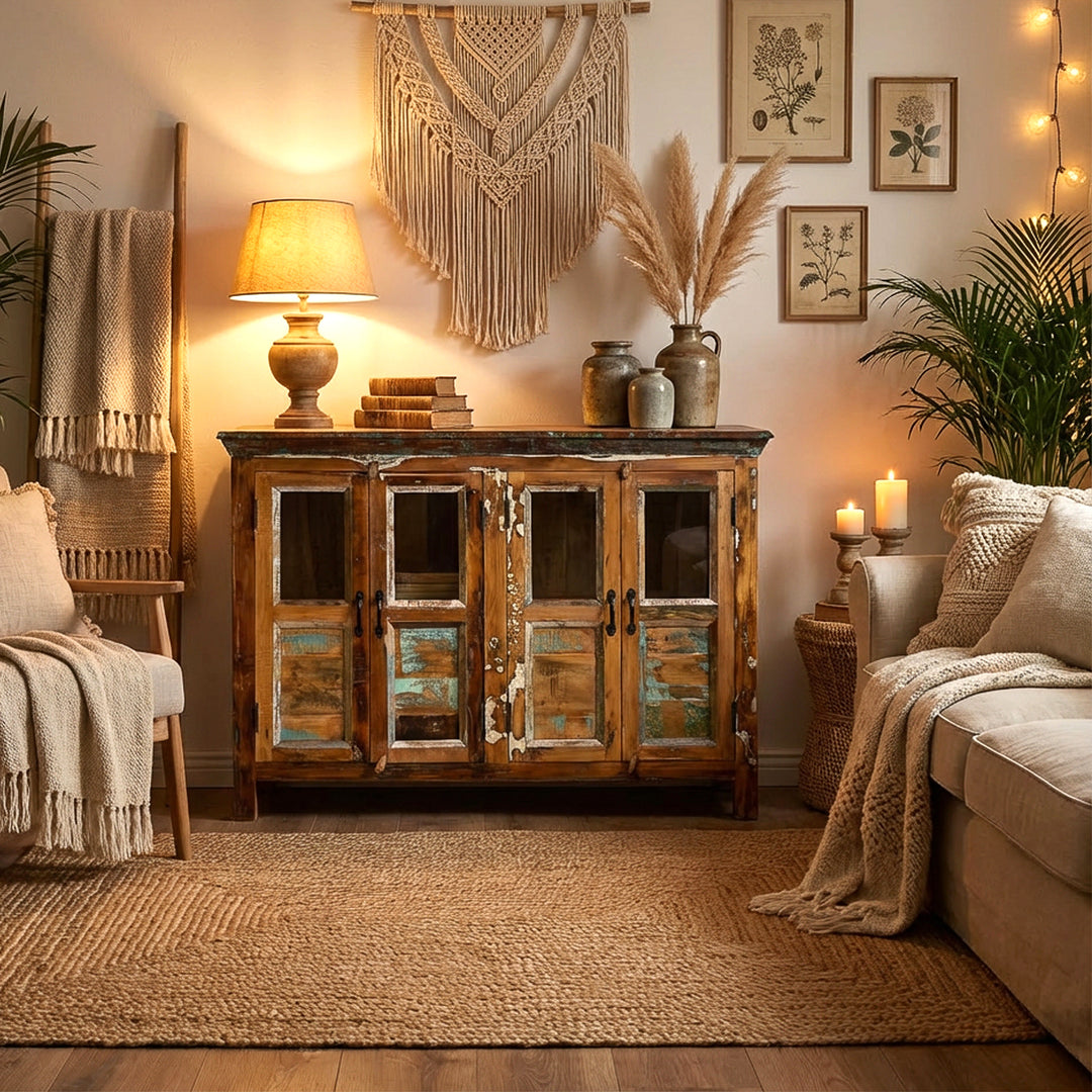 Aparador em madeira maciça com portas de vidro na sala de estar de estilo boho, servindo como espaço de arrumação decorativo