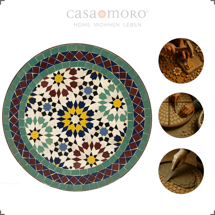 Mesa em mosaico feita à mão com uma paleta de cores harmoniosa em tons de verde – de estilo oriental e moderno ao mesmo tempo